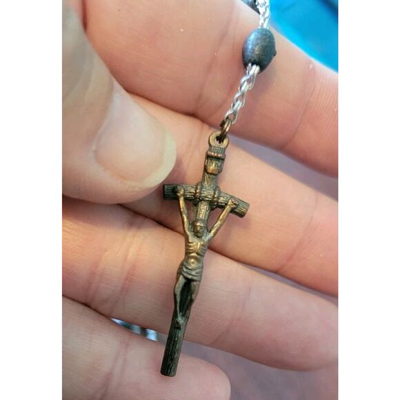 Vtg. Knights of Columbus Combat Rosary 59 Black Beads Made in Italy 18” - Picture 1 of 4